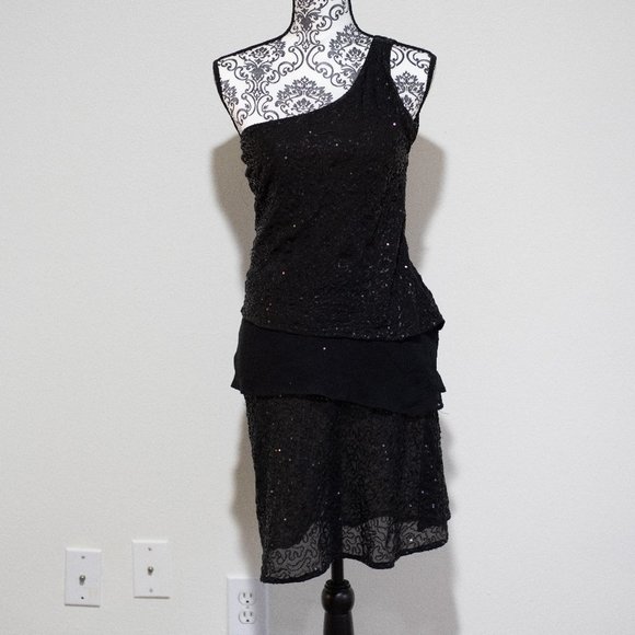 Dresses & Skirts - Black sheer one-shoulder sequin dress